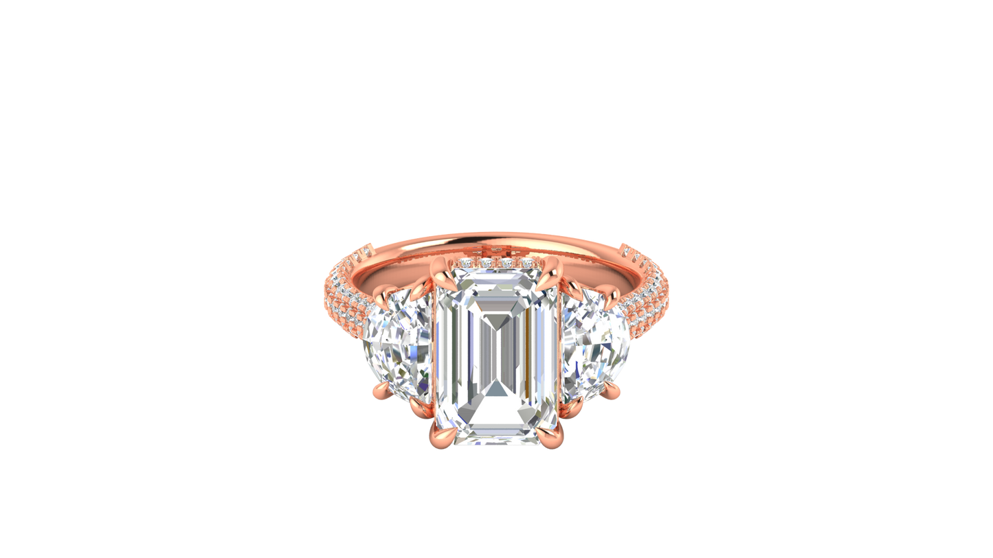 4 Carat Emerald Cut Engagement Ring With Half-Moon Side Stones In 14K Rose Gold