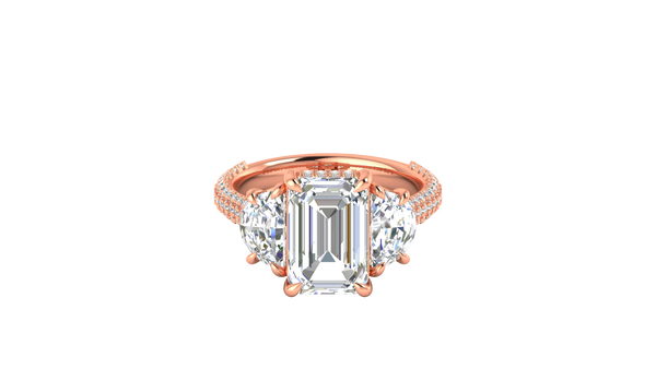 4 Carat Emerald Cut Engagement Ring With Half-Moon Side Stones In 14K Rose Gold