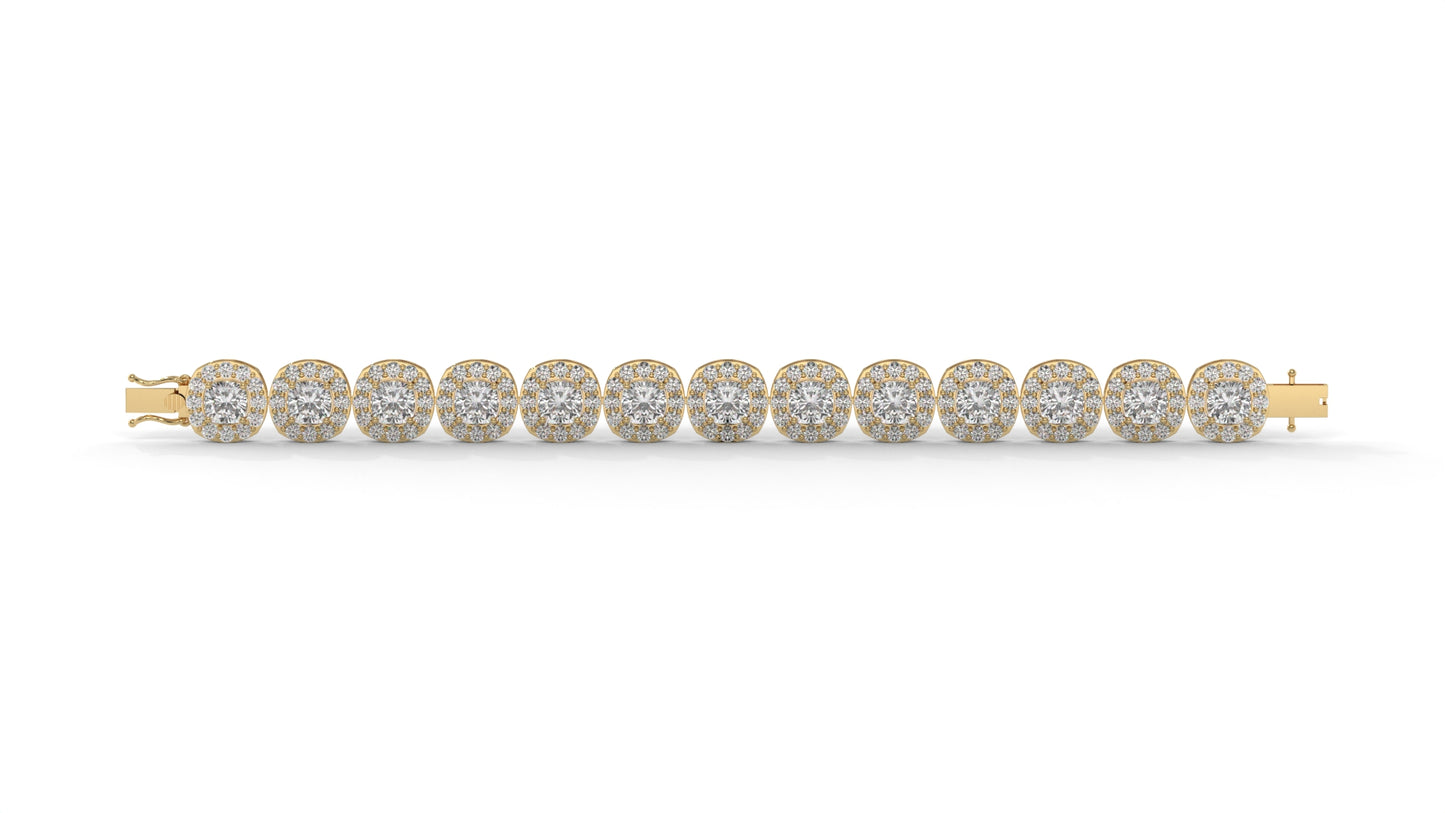 30.26 CTW Diamond Tennis Bracelet in 14K Yellow Gold – Cushion and Round Halo Design