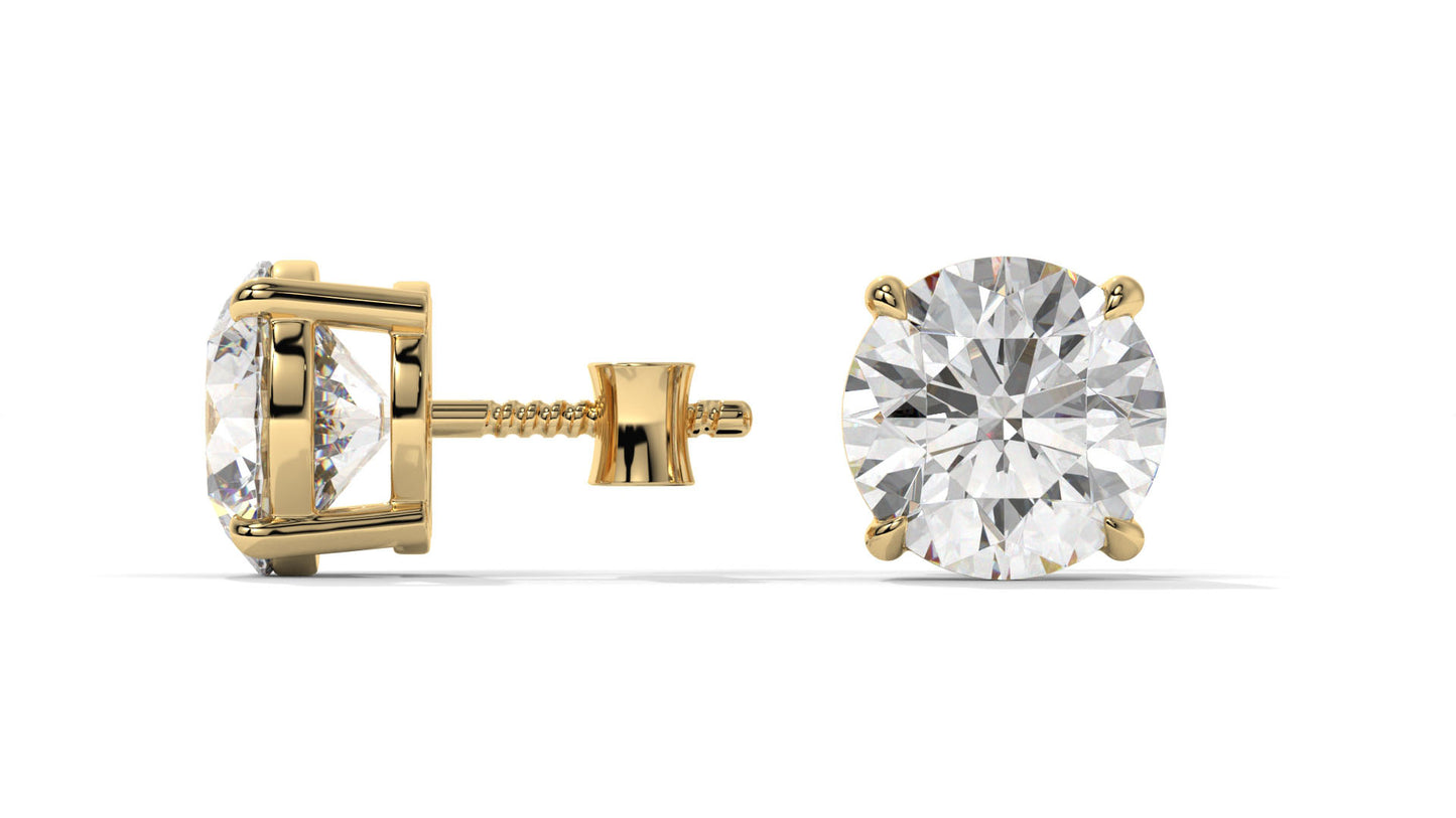 4 CTW Round Diamond Stud Earrings In 14K Yellow Gold – Brilliant-Cut, Double-Prong Basket Setting