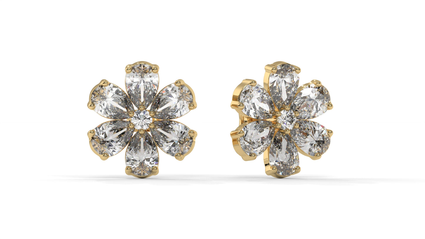 8.14 CTW Diamond Flower Stud Earrings in 14K Yellow Gold - Pear-Shaped Cluster Design