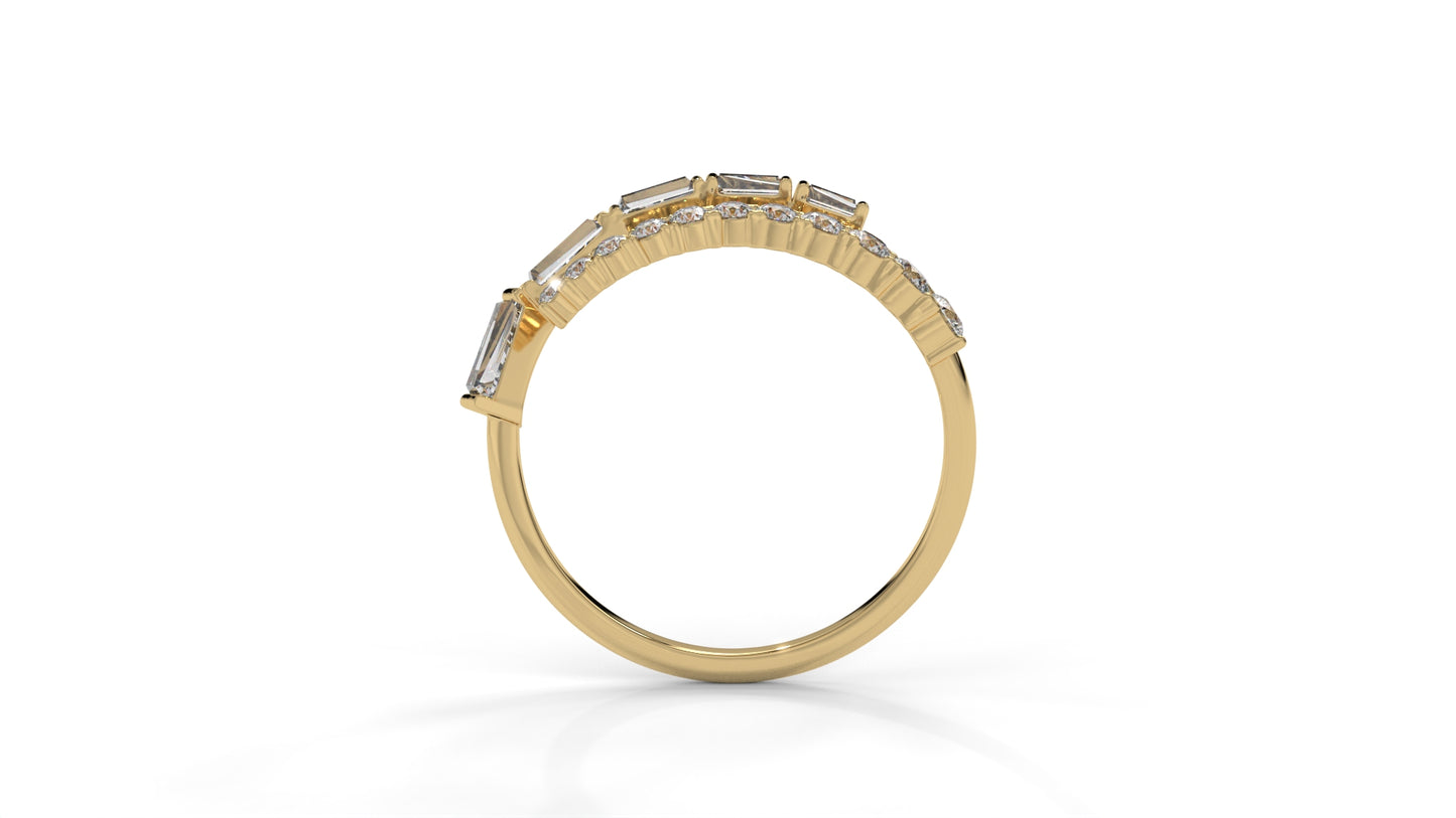 1.50 CTW Round and Tapered Baguette Diamond Ring in 14K Yellow Gold