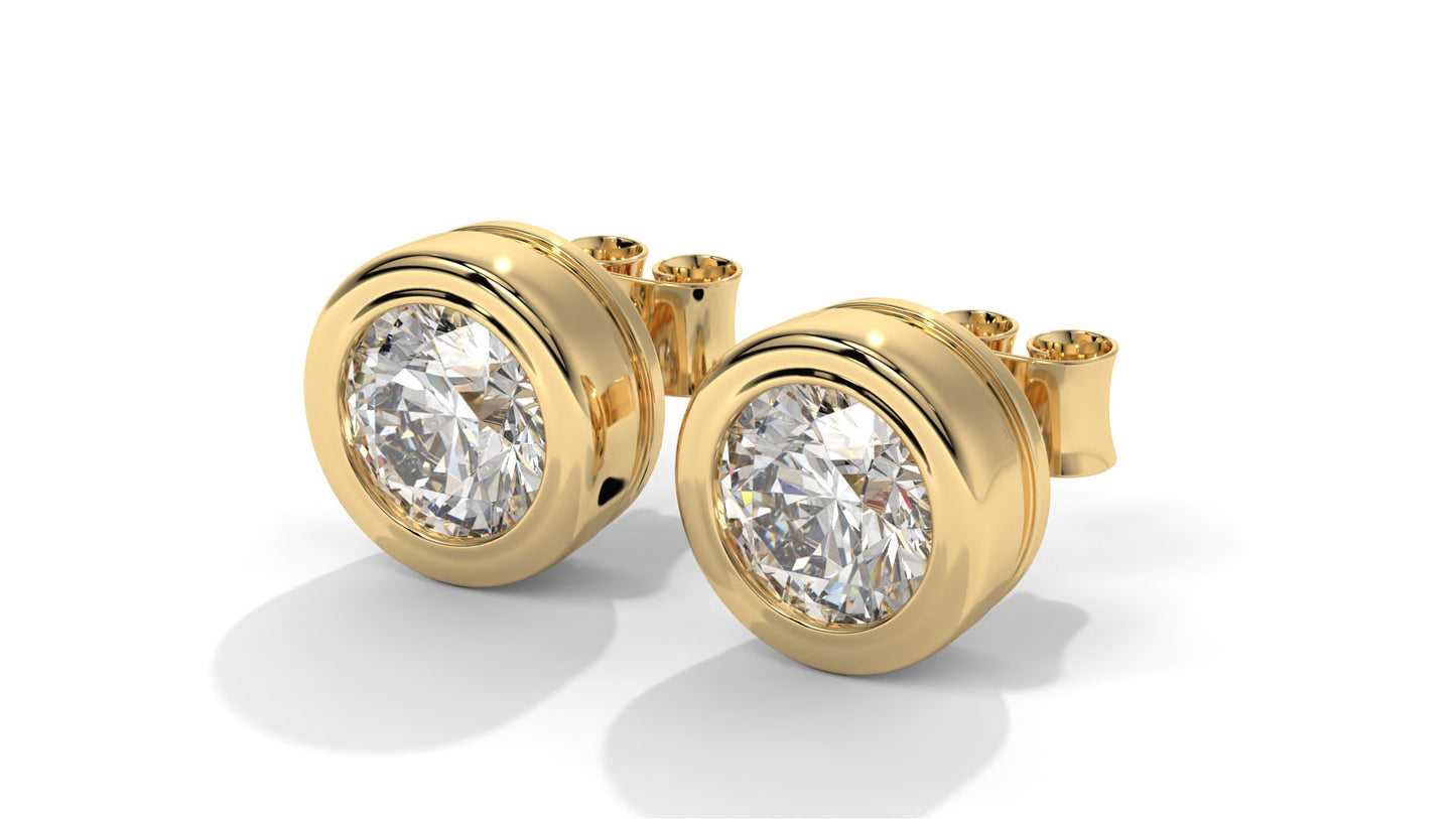 3 CTW Round Diamond Bezel-Set Stud Earrings In 14K Yellow Gold – Brilliant-Cut, Screw Back
