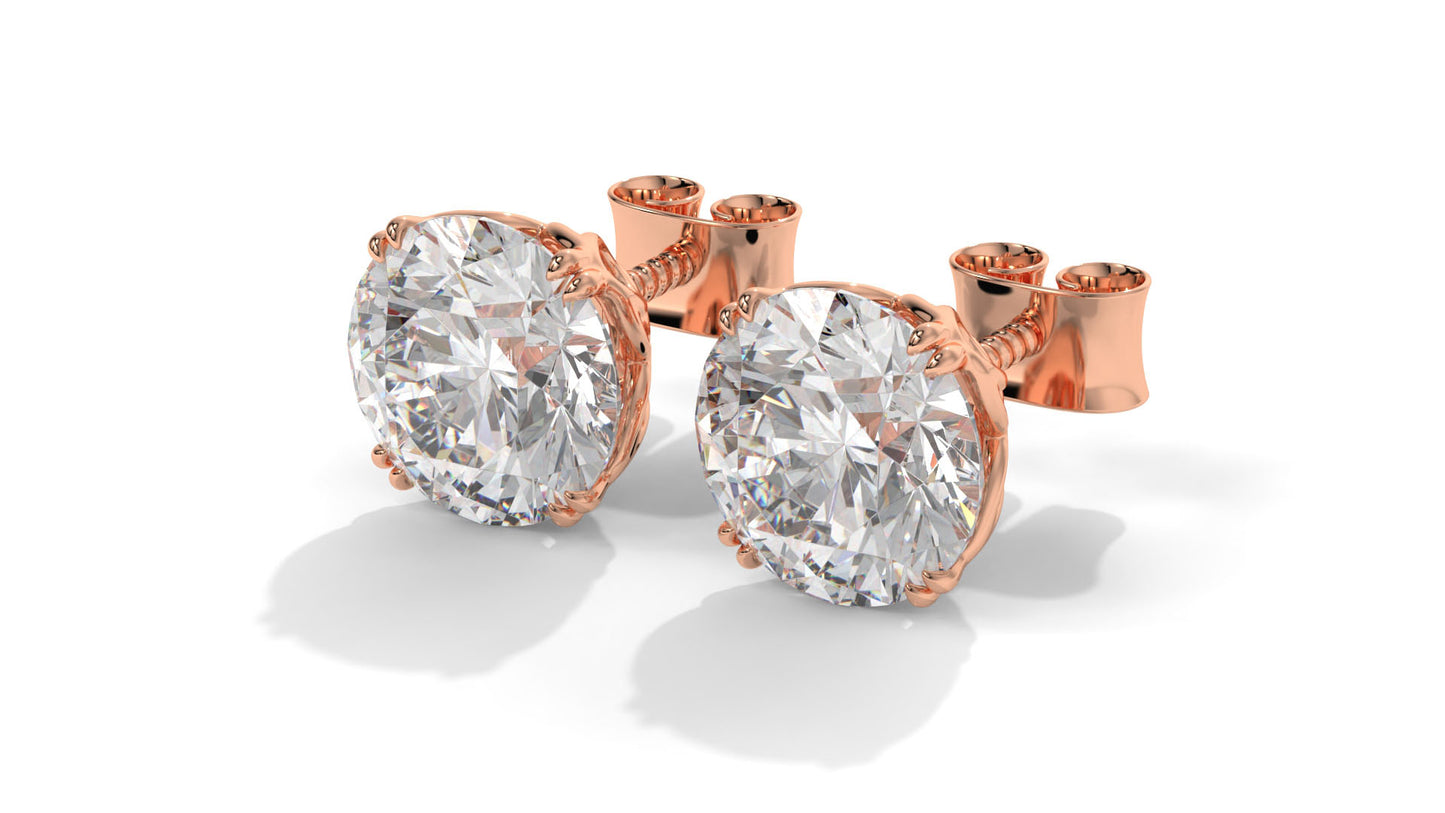 3 CTW Round Diamond Stud Earrings In 14K Rose Gold – Brilliant-Cut, Four-Prong Filigree Basket , Screw Back
