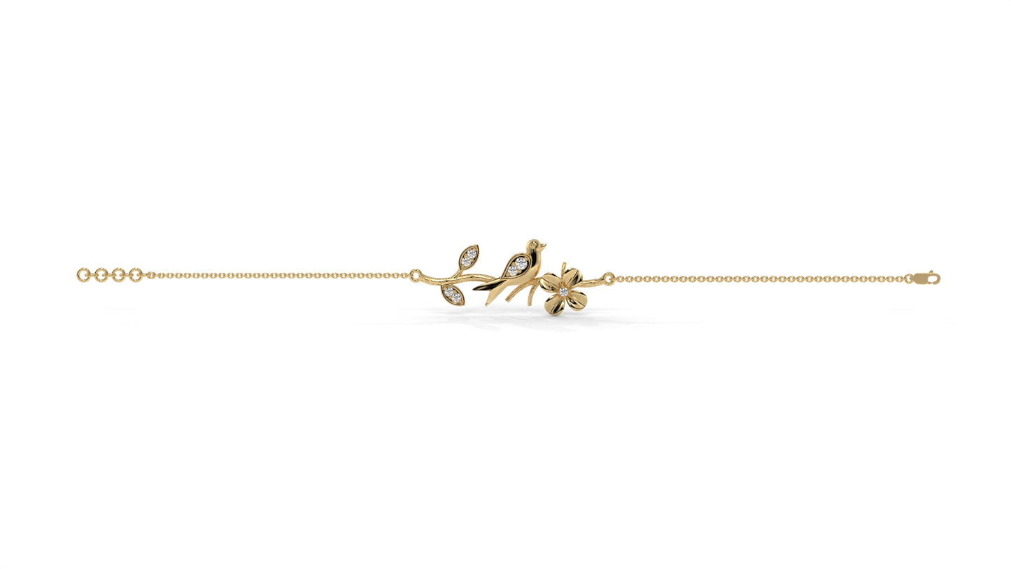 0.19 CTW Diamond Bird and Flower Bracelet in 14K Yellow Gold