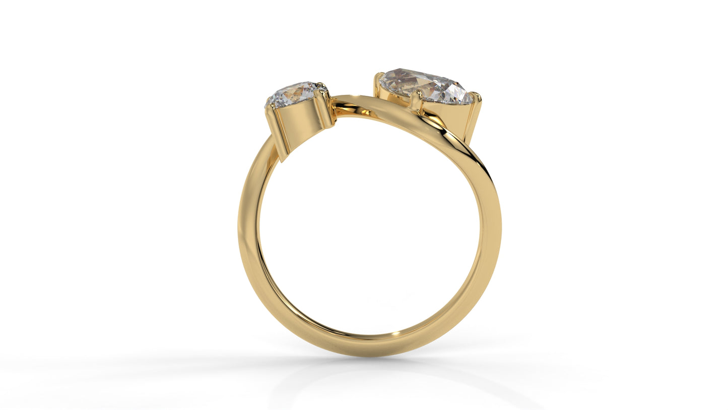 2.21 CTW Toi et Moi Diamond Ring in 14K Yellow Gold with Round and Pear Cut Diamonds