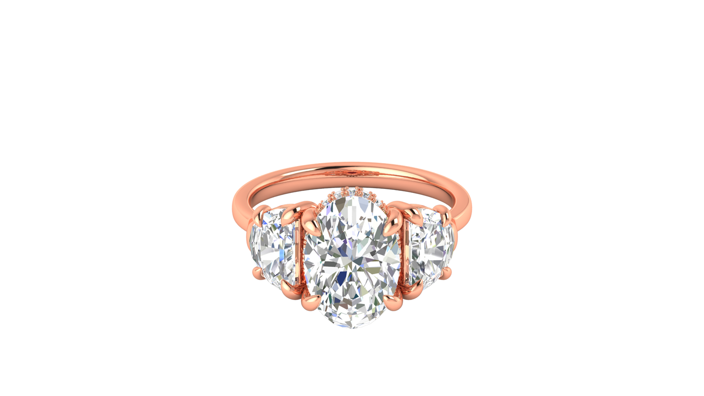 3 Carat Oval Cut Engagement Ring With Half Moon Side Stones In 14K Rose Gold