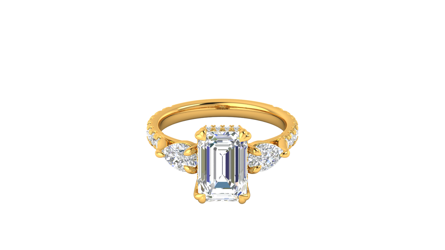 3 Carat Emerald Cut Engagement Ring With Pear Side Stones In 14K Yellow Gold