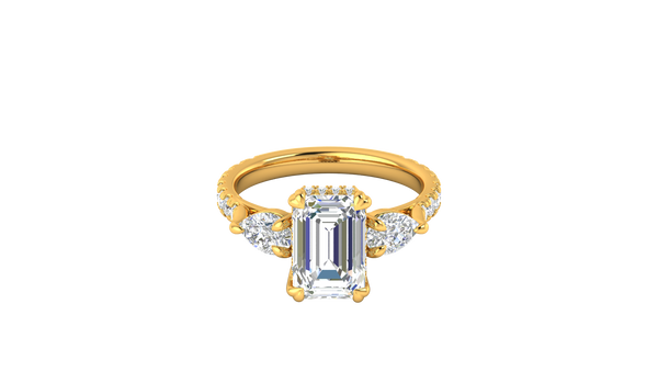 3 Carat Emerald Cut Engagement Ring With Pear Side Stones In 14K Yellow Gold