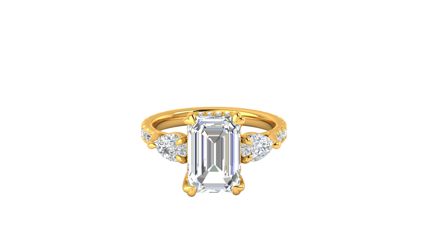 4 Carat Emerald Cut Engagement Ring With Pear Side Stones In 14K Yellow Gold
