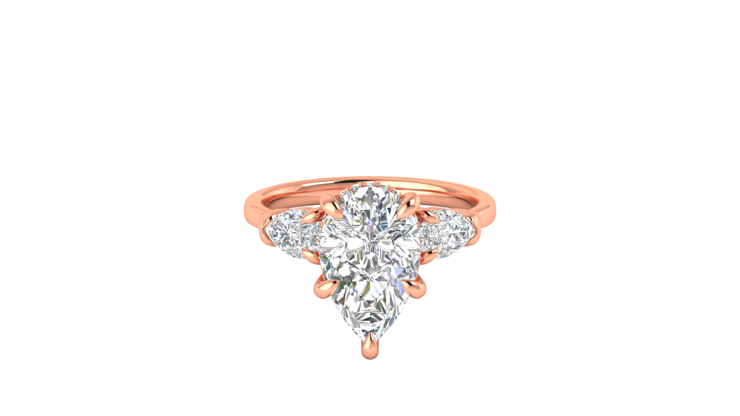 3 Carat Pear Cut Engagement Ring With Pear Shape Side Stones In 14K Rose Gold