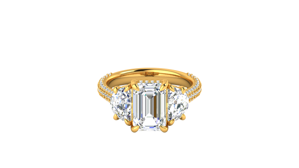 3 Carat Emerald Cut Engagement Ring With Half-Moon Side Stones In 14K Yellow Gold