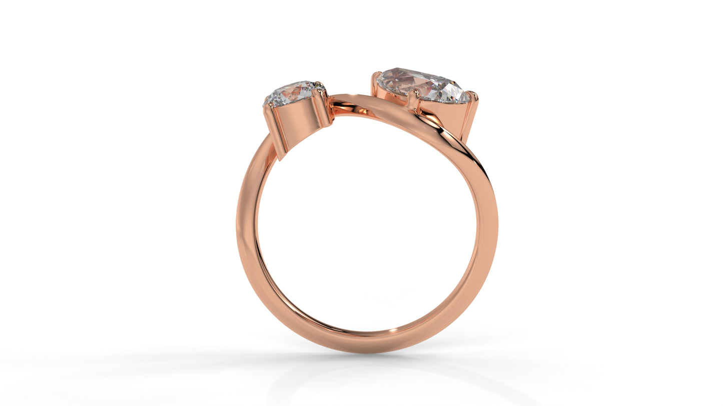 2.21 CTW Toi et Moi Diamond Ring in 14K Rose Gold with Round and Pear Cut Diamonds