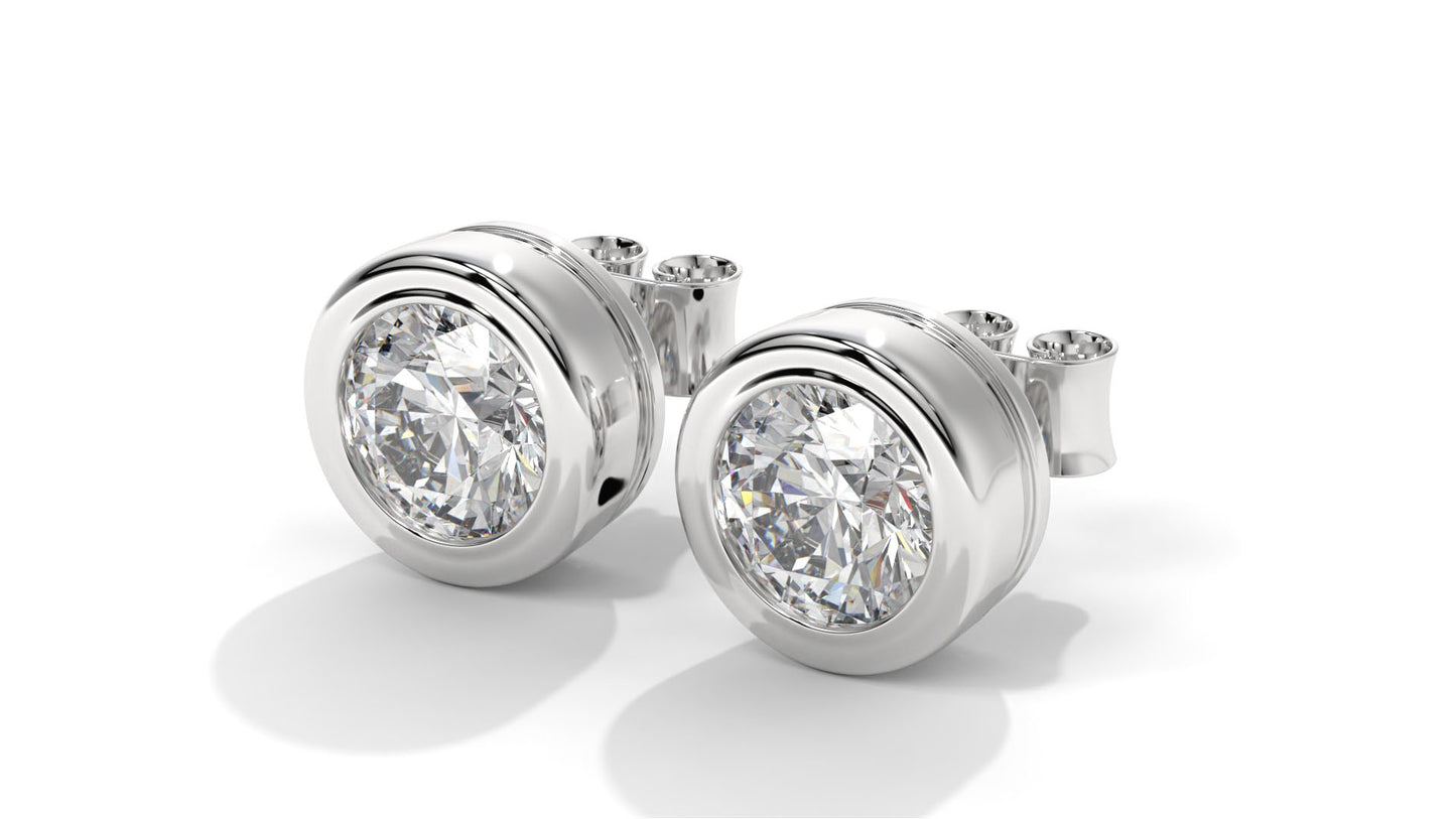 3 CTW Round Diamond Bezel-Set Stud Earrings In 14K White Gold – Brilliant-Cut, Screw Back