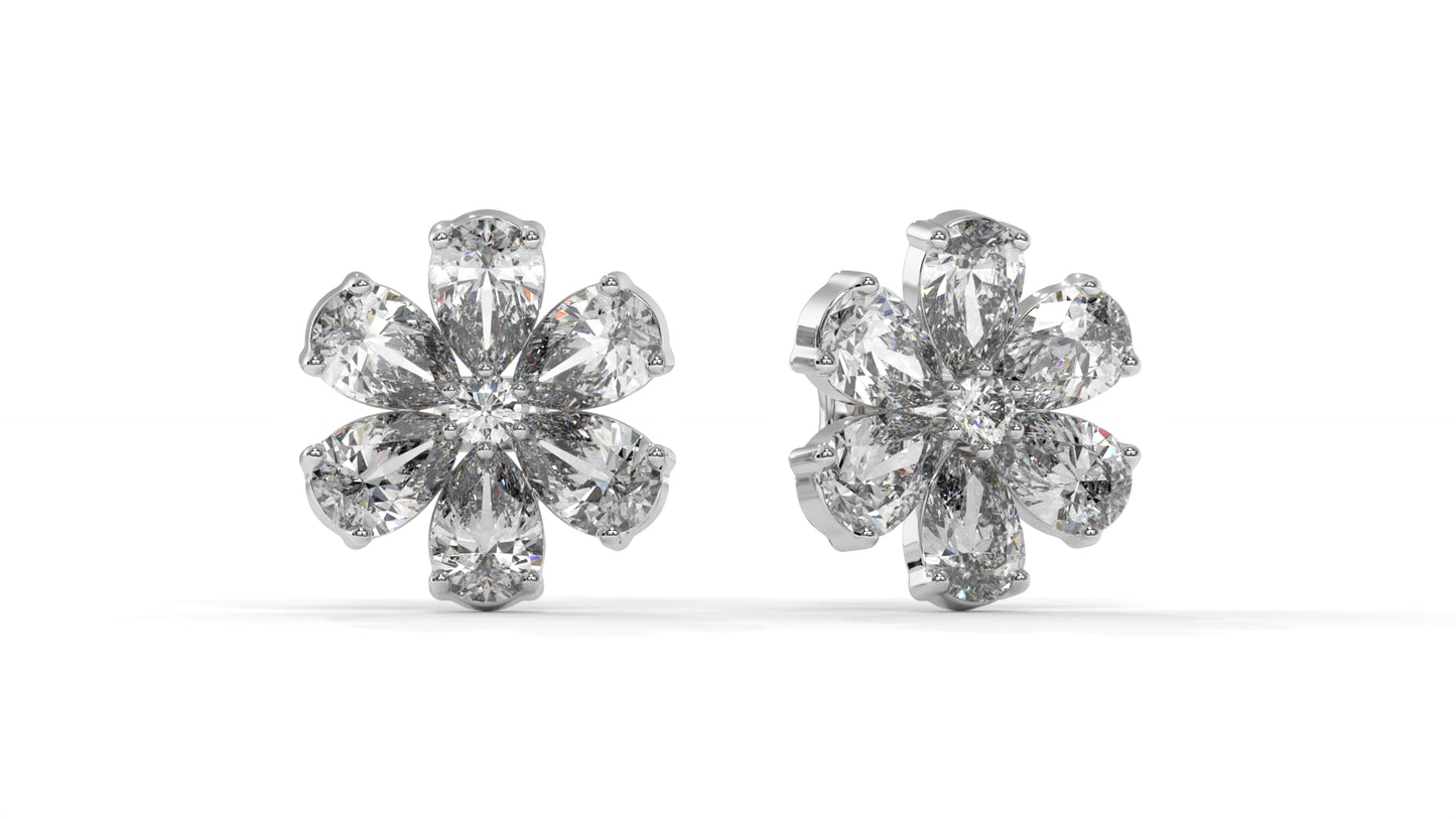 8.14 CTW Diamond Flower Stud Earrings in 14K White Gold - Pear-Shaped Cluster Design