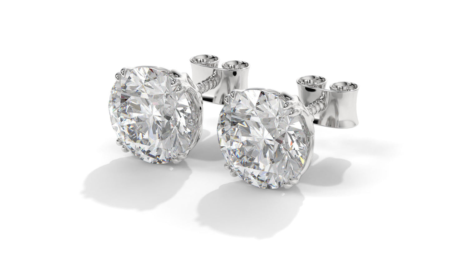3 CTW Round Diamond Stud Earrings In 14K White Gold – Brilliant-Cut, Four-Prong Filigree Basket, Screw Back