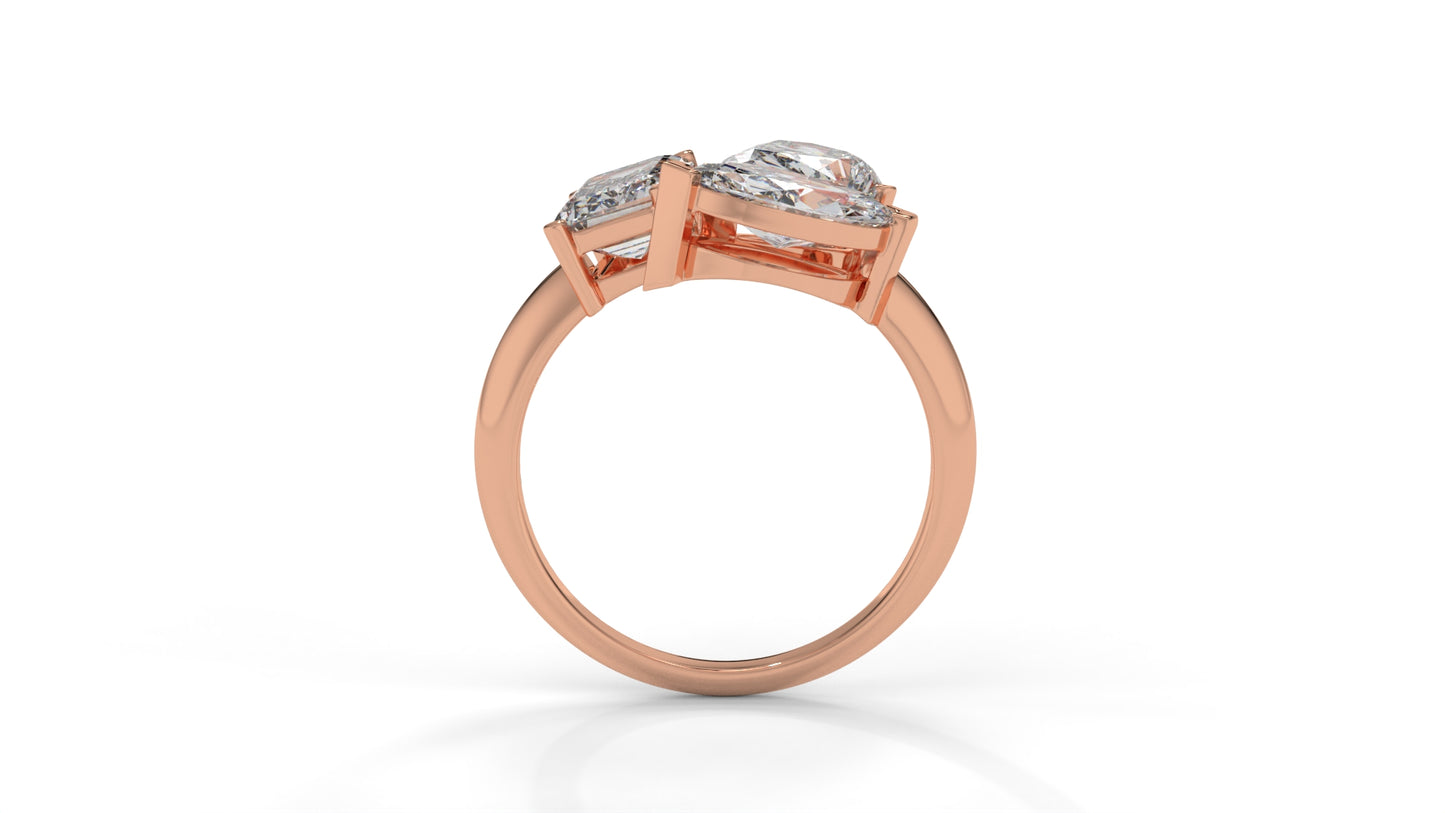 3.00 CTW Three-Stone Toi et Moi Diamond Ring in 14K Rose Gold with Pear, Emerald, and Marquise Diamonds