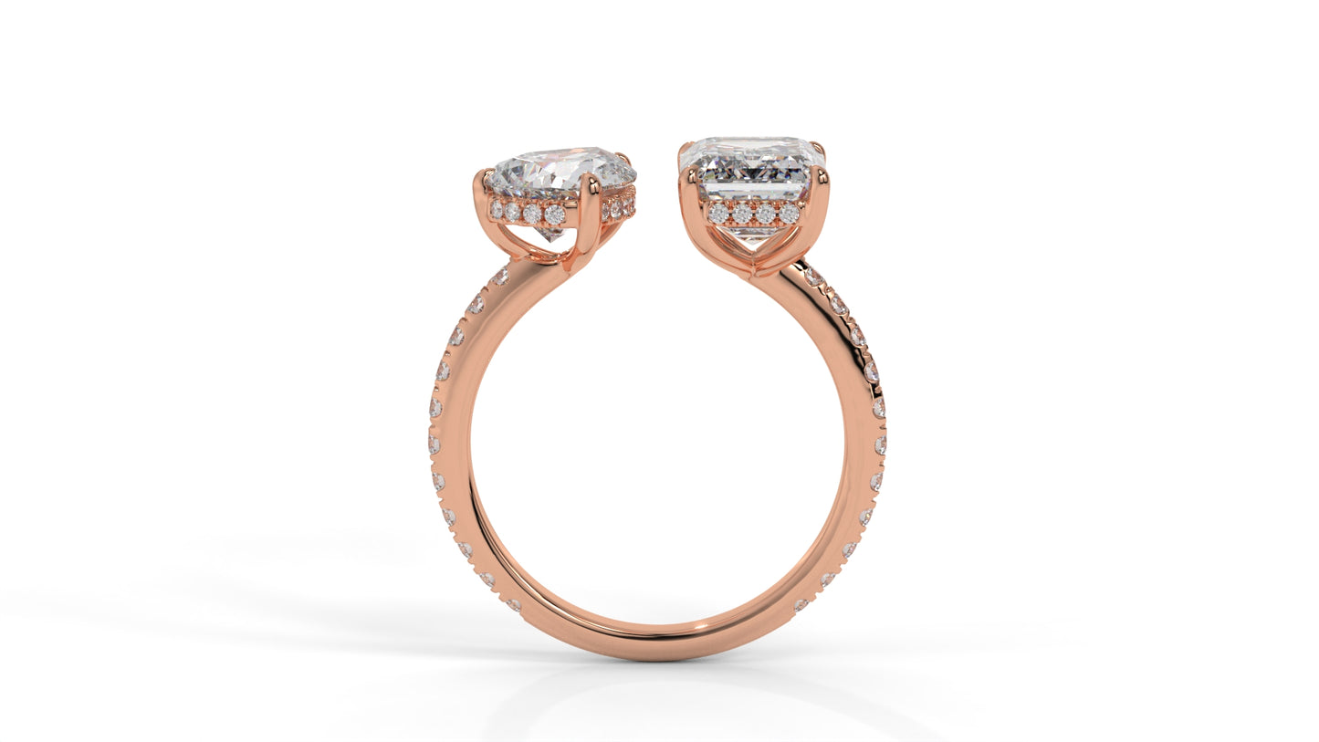 4.50 CTW Toi et Moi Diamond Ring in 14K Rose Gold with Pear and Emerald Cut Diamonds