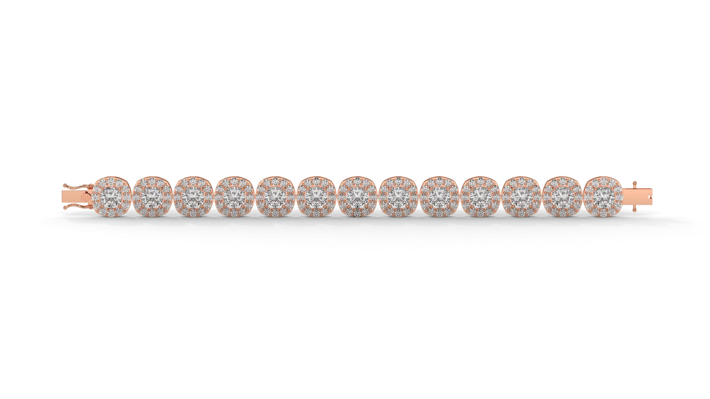 30.26 CTW Diamond Tennis Bracelet in 14K Rose Gold – Cushion and Round Halo Design