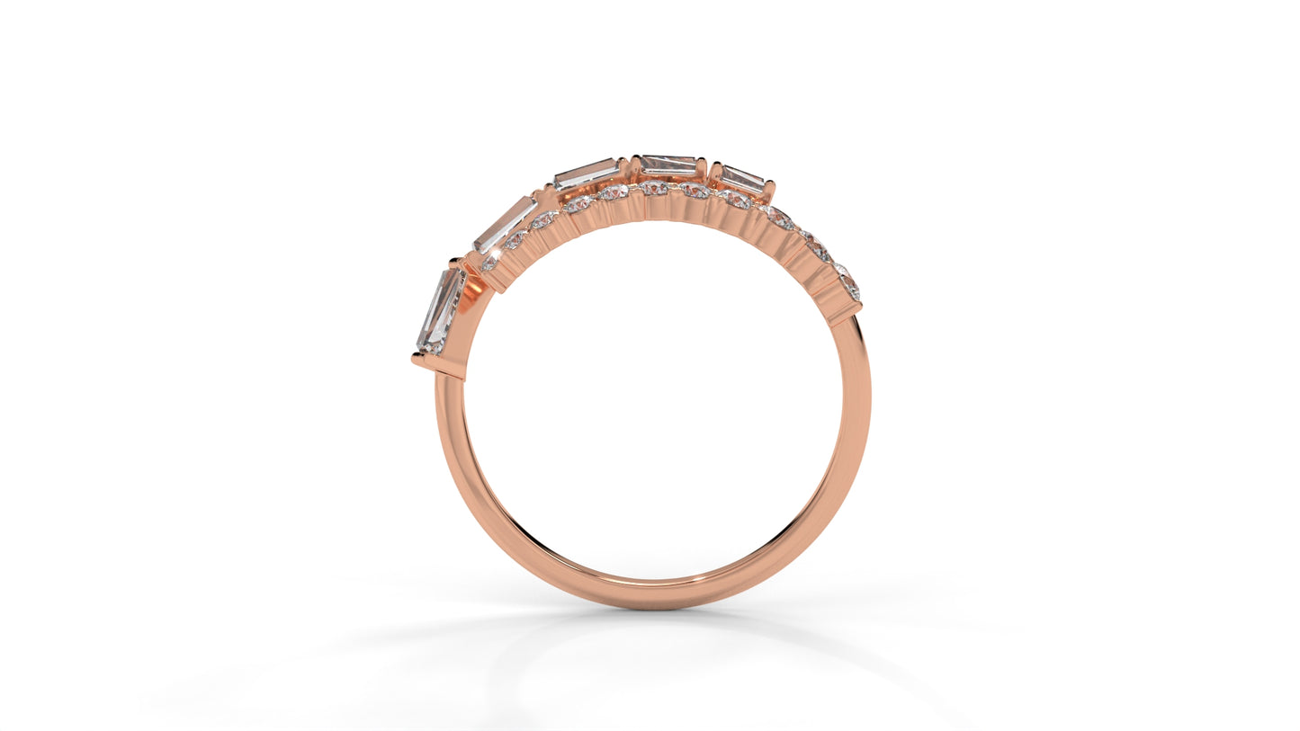 1.50 CTW Round and Tapered Baguette Diamond Ring in 14K Rose Gold
