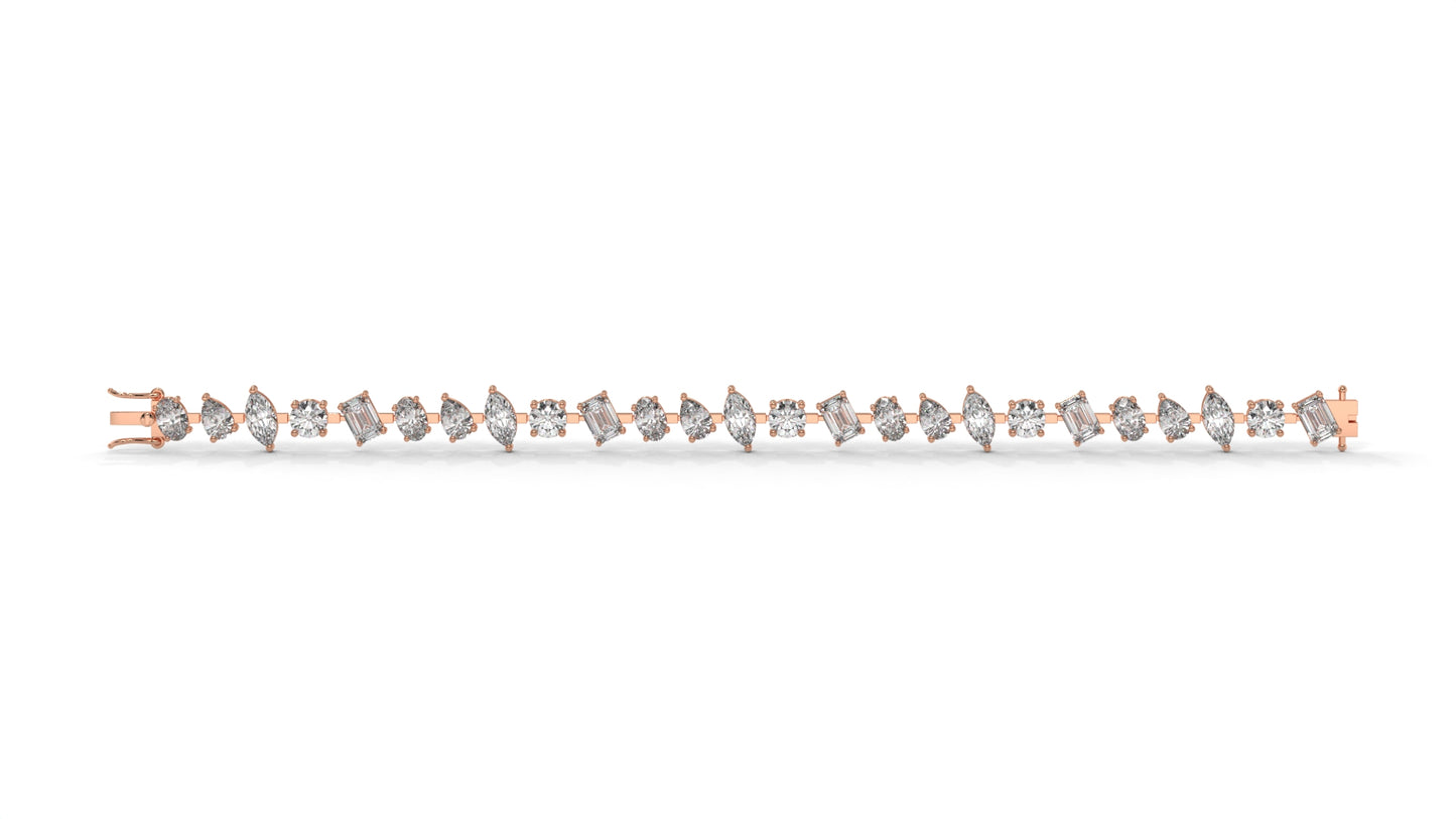 12.50 CTW Mixed Shape Diamond Bracelet in 14K Rose Gold – Round, Emerald, Oval, Pear & Marquise Cut