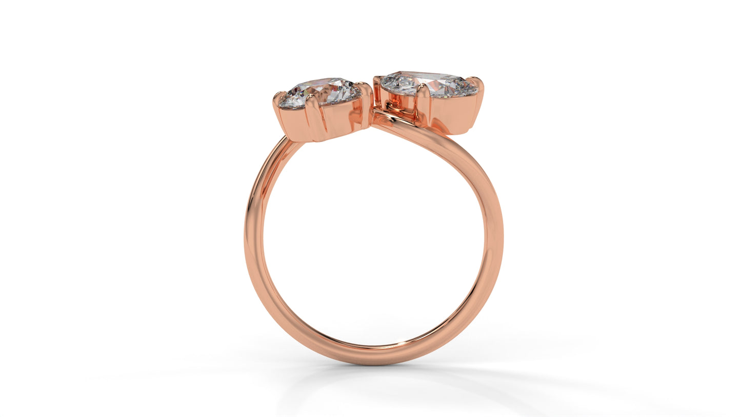 2.50 CTW Toi et Moi Diamond Ring in 14K Rose Gold with Round and Pear Cut Diamonds