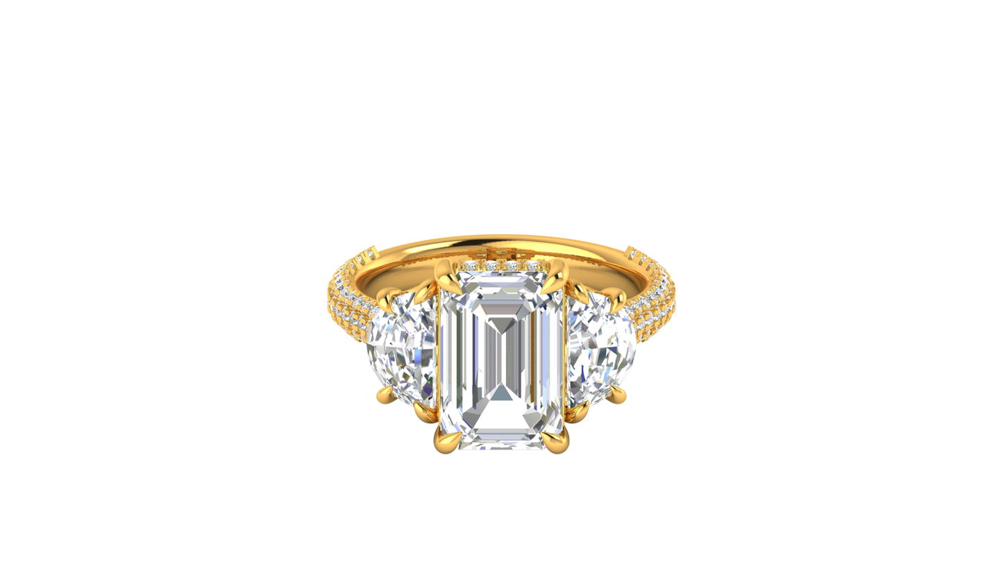 4 Carat Emerald Cut Engagement Ring With Half-Moon Side Stones In 14K Yellow Gold