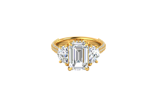 4 Carat Emerald Cut Engagement Ring With Half-Moon Side Stones In 14K Yellow Gold