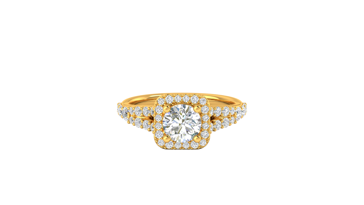 1.00 Carat Round-Cut Halo Engagement Ring With Pavé Diamond Band In 14K Yellow Gold