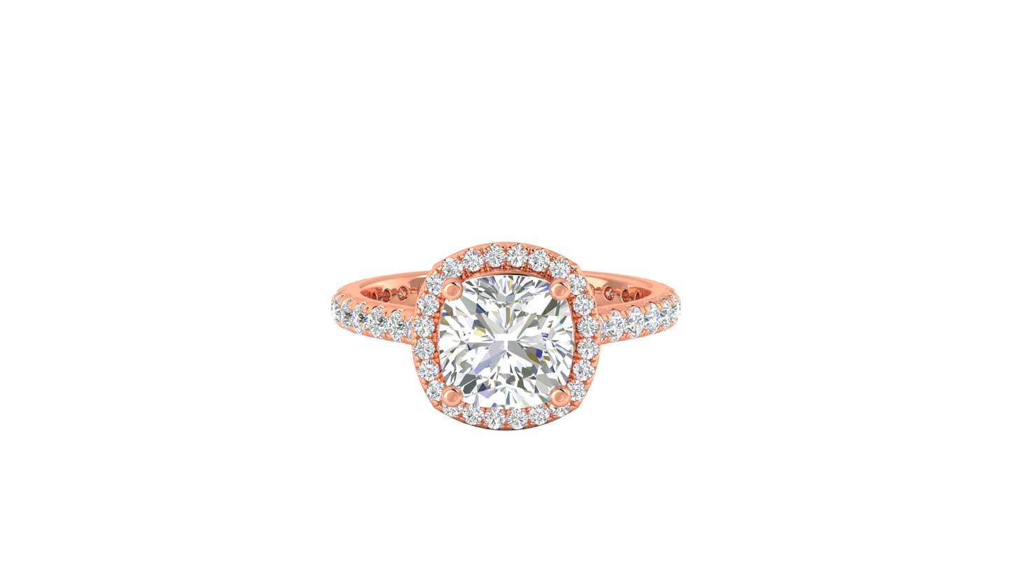 3 Carat Cushion-Cut Halo Engagement Ring With Pavé Diamond Band In 14K Rose Gold