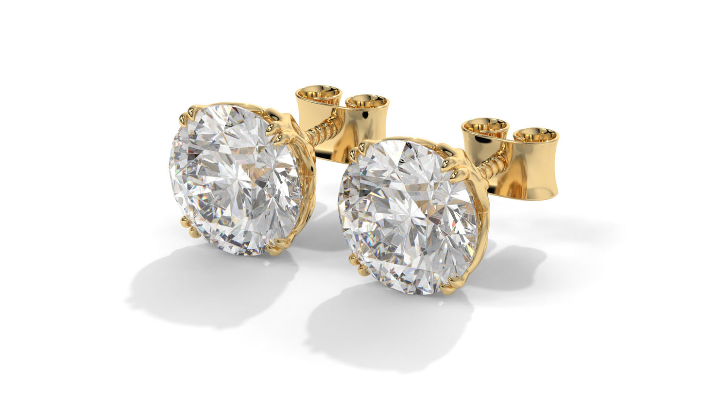 3 CTW Round Diamond Stud Earrings In 14K Yellow Gold – Brilliant-Cut, Four-Prong Filigree Basket, Screw Back