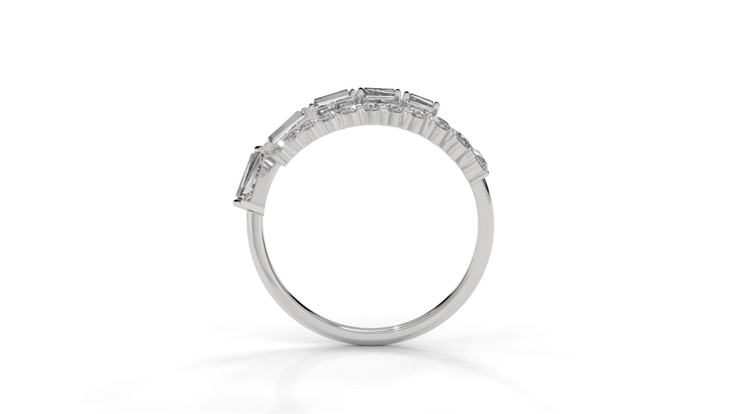 1.50 CTW Round and Tapered Baguette Diamond Ring in 14K White Gold