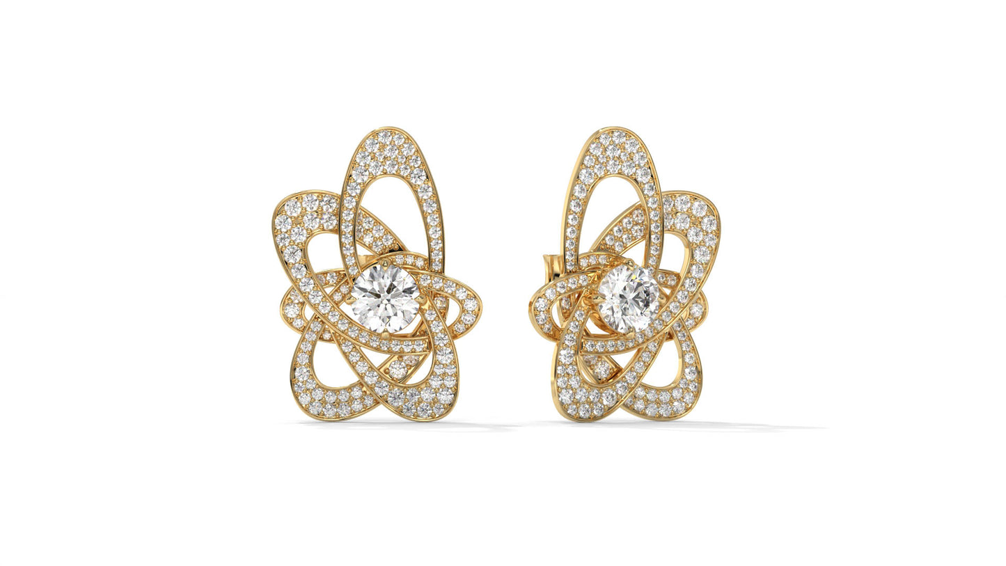4.31 CTW Round Diamond Designer Stud Earrings in 14K Yellow Gold In Pavé Setting