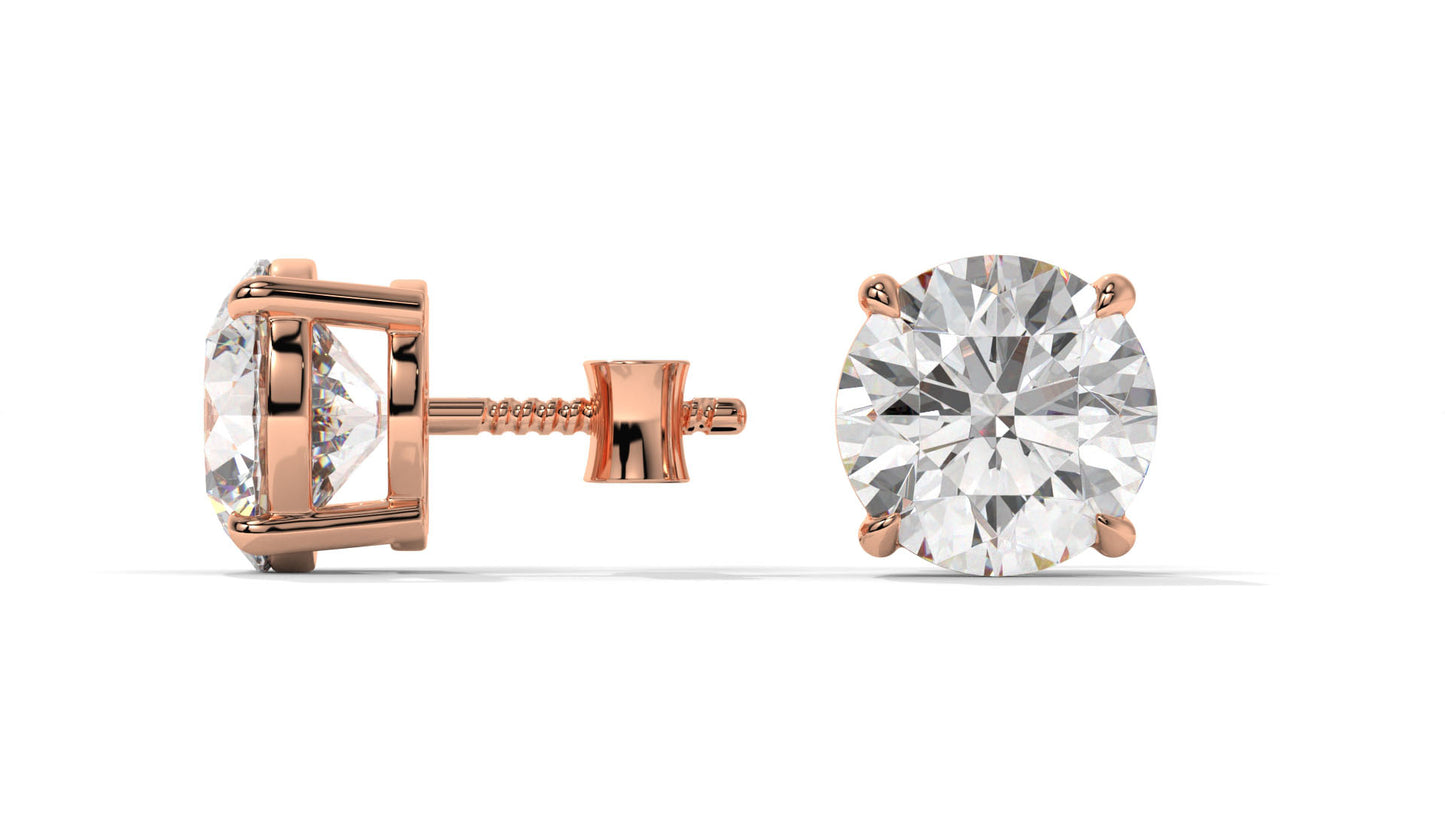 4 CTW Round Diamond Stud Earrings In 14K Rose Gold – Brilliant-Cut, Double-Prong Basket Setting