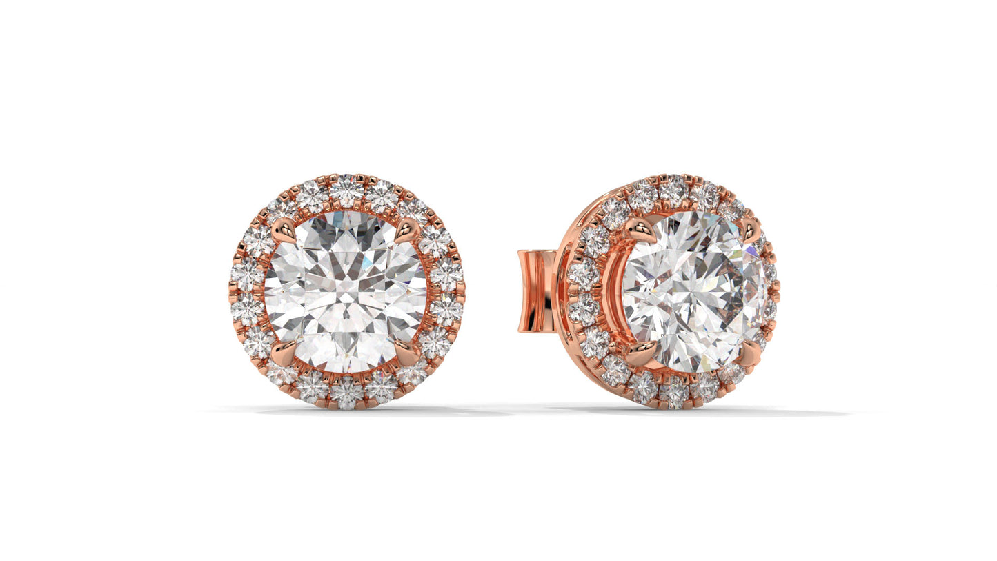 2.29 Ctw Diamond Halo Stud Earrings in 14K Rose Gold - 2 Ct Center Stones with Accent Halo