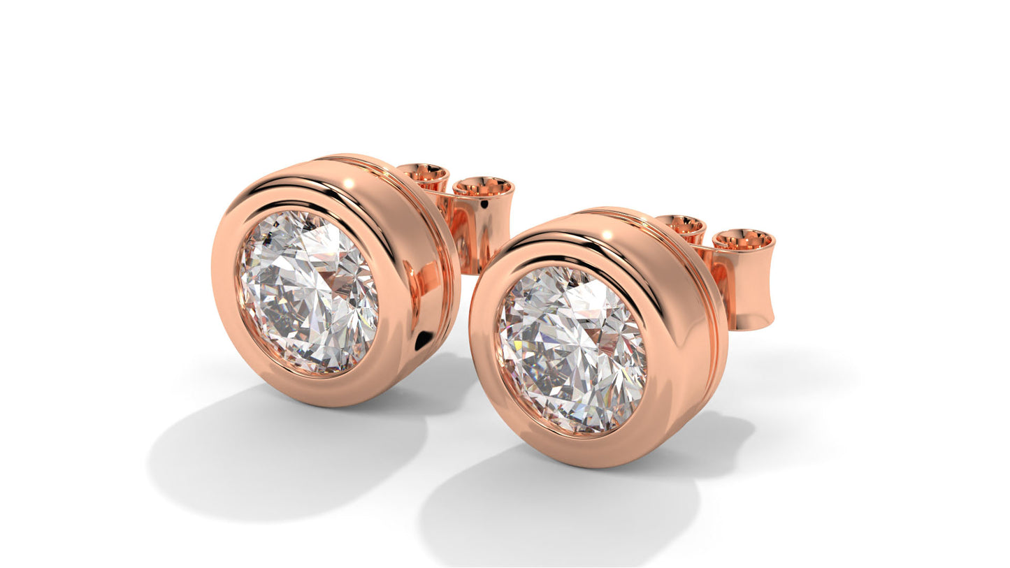 3 CTW Round Diamond Bezel-Set Stud Earrings In 14K Rose Gold – Brilliant-Cut, Screw Back