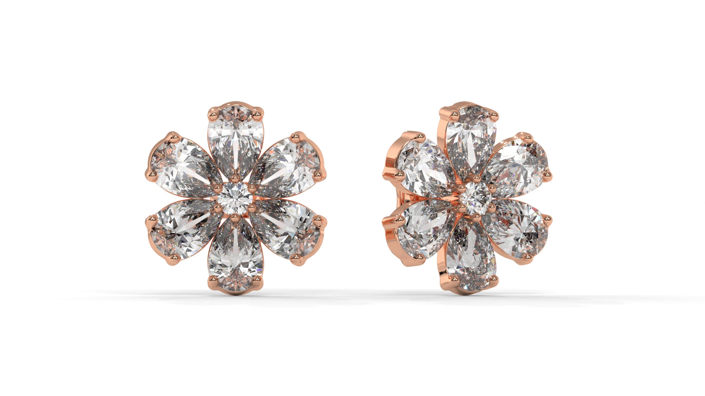 8.14 CTW Diamond Flower Stud Earrings in 14K Rose Gold - Pear-Shaped Cluster Design