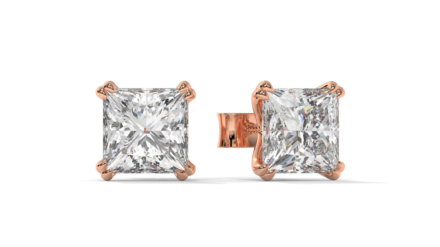 3 CTW Princess-Cut Diamond Stud Earrings In 14K Rose Gold – Four-Prong Setting