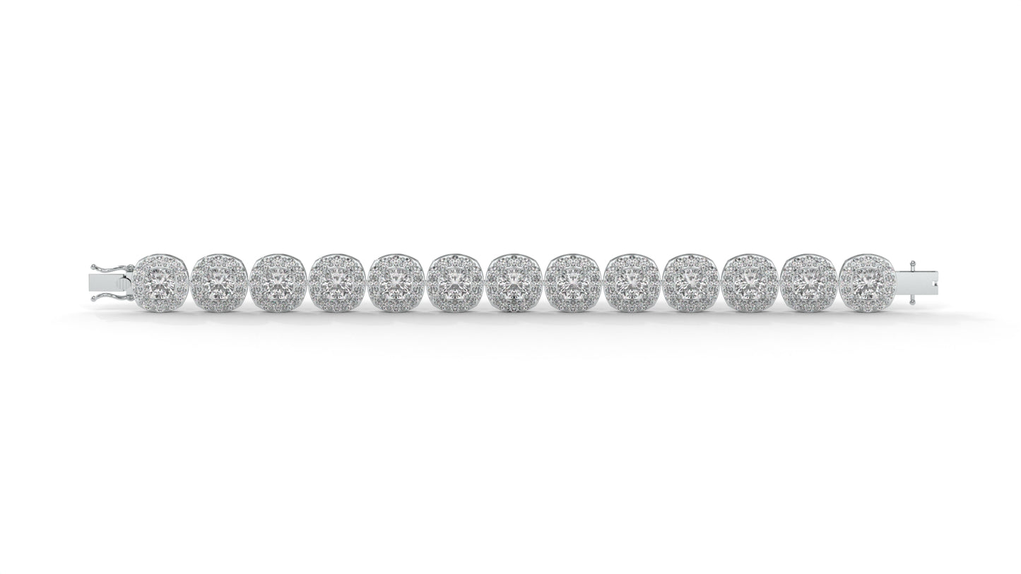 30.26 CTW Diamond Tennis Bracelet in 14K White Gold – Cushion and Round Halo Design