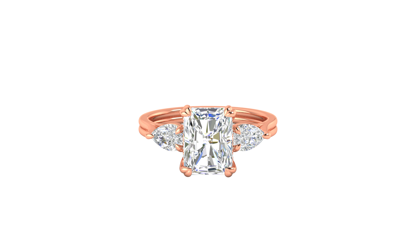 3 Carat Radiant Cut Engagement Ring With Pear Shaped Side Stones In 14K Rose Gold
