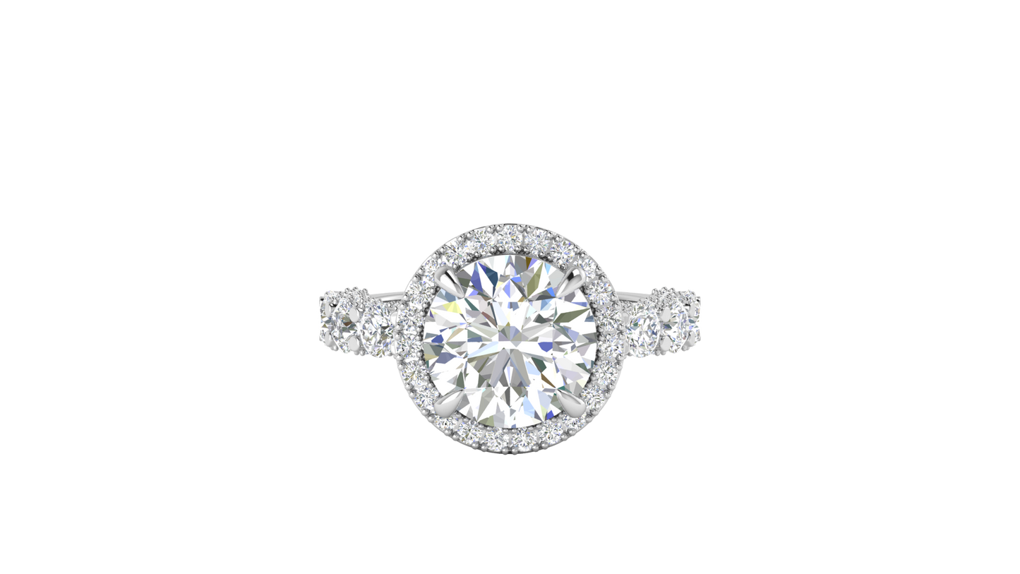 4.00 Carat Round-Cut Halo Engagement Ring With Pavé Diamond Band In 14K White Gold