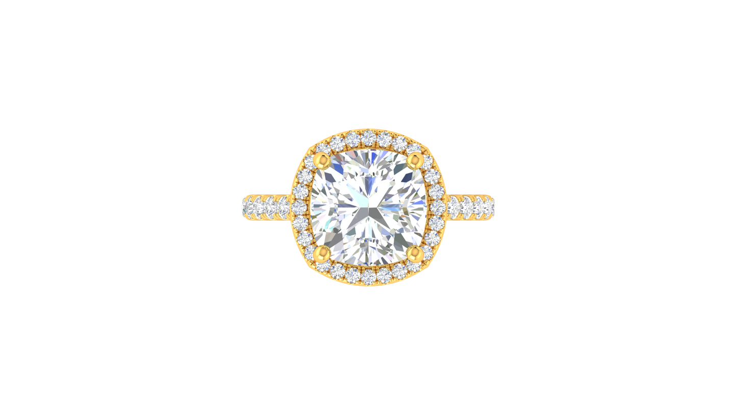 5 Carat Cushion Cut Halo Engagement Ring With Pavé Diamond Band In 14K Yellow Gold