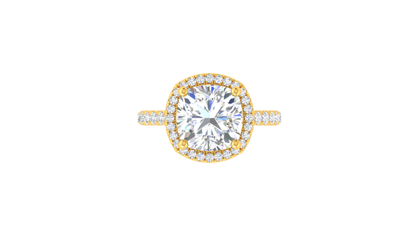 5 Carat Cushion Cut Halo Engagement Ring With Pavé Diamond Band In 14K Yellow Gold