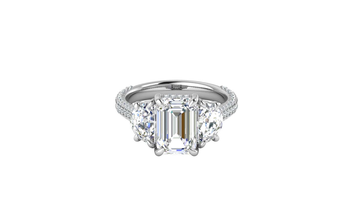 3 Carat Emerald Cut Engagement Ring With Half-Moon Side Stones In 14K White Gold