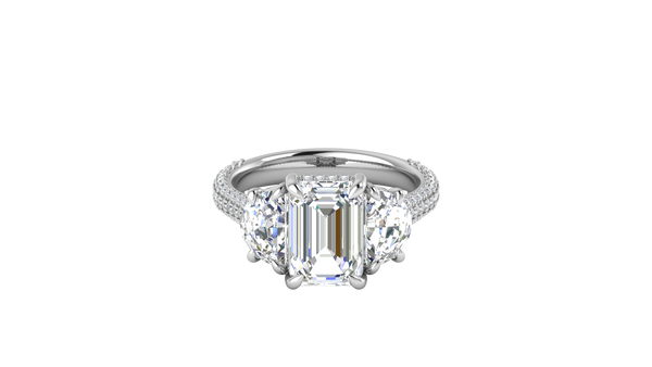 3 Carat Emerald Cut Engagement Ring With Half-Moon Side Stones In 14K White Gold