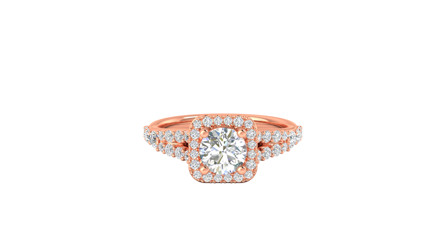 1.00 Carat Round-Cut Halo Engagement Ring With Pavé Diamond Band In 14K Rose Gold