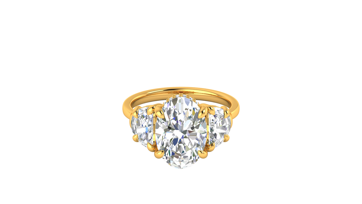4 Carat Oval Cut Engagement Ring With Half Moon Side Stones In 14K Yellow Gold