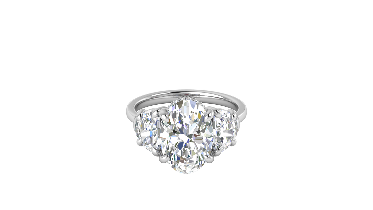 4 Carat Oval Cut Engagement Ring With Half Moon Side Stones In 14K White Gold