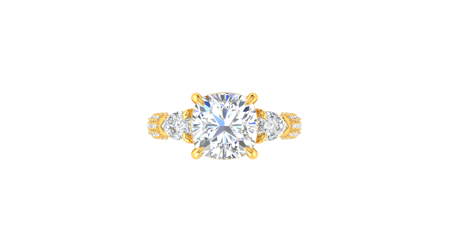 4 Carat Cushion-Cut Engagement Ring With Pear-Shaped Side Stones In 14K Yellow Gold