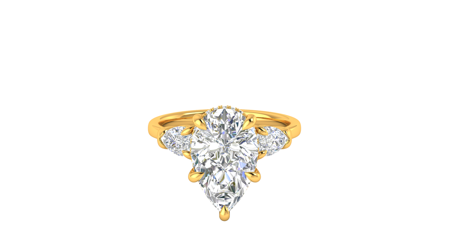 4 Carat Pear Cut Engagement Ring With Pear Shape Side Stones In 14K Yellow Gold